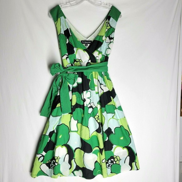 Mix Nouveau Sleeveless Dress Green Black Floral Print Belt Lined Size Medium - Picture 1 of 12
